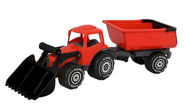Plasto traktor m/frontlaster og tilhenger rød